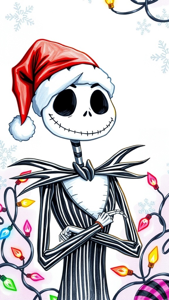 Jack Skellington in a Santa hat with Christmas decorations.